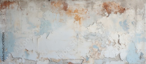 An aged concrete wall covered in deteriorating layers of paint, showcasing a textured surface with peeling sections and visible weathering.