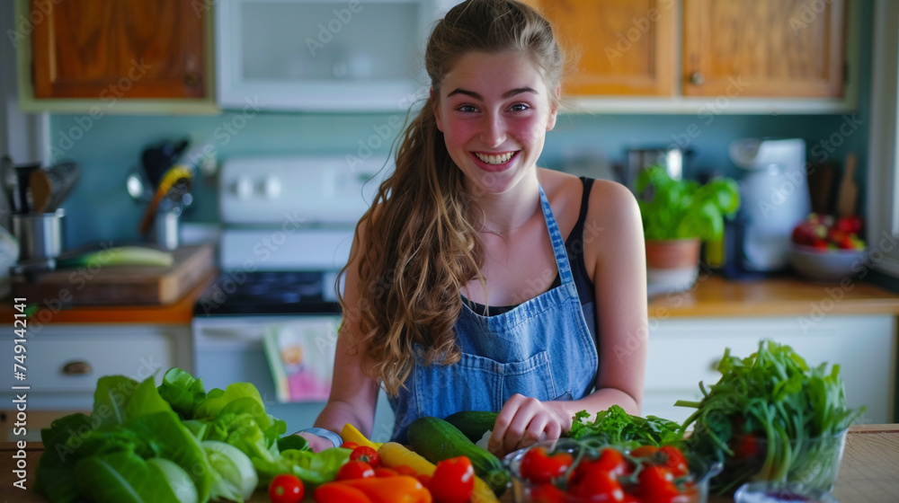 A young woman can be seen preparing veggies for a salad, her eyes gleaming with enthusiasm, while a colorful assortment of fresh ingredients is arranged before her