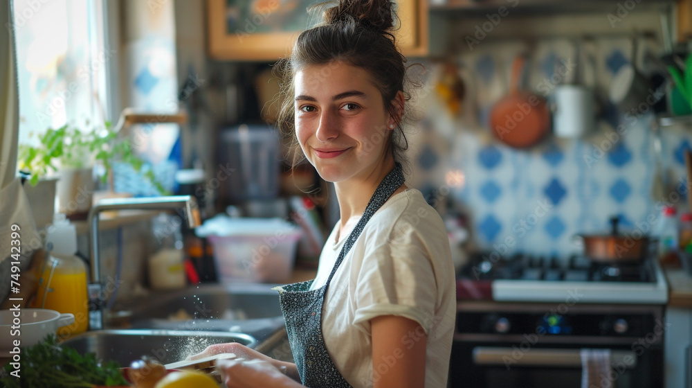 In a bright and airy kitchen, a single young woman is grating cheese for a recipe, her movements fluid and confident as she glances at the camera with a friendly smile