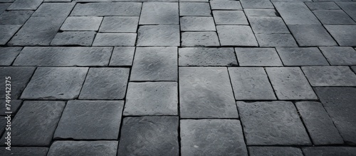 A black and white photo of a brick sidewalk featuring a pattern of rectangular bricks in various shades of grey. The bricks are laid out in a neat and uniform manner  creating a textured and linear
