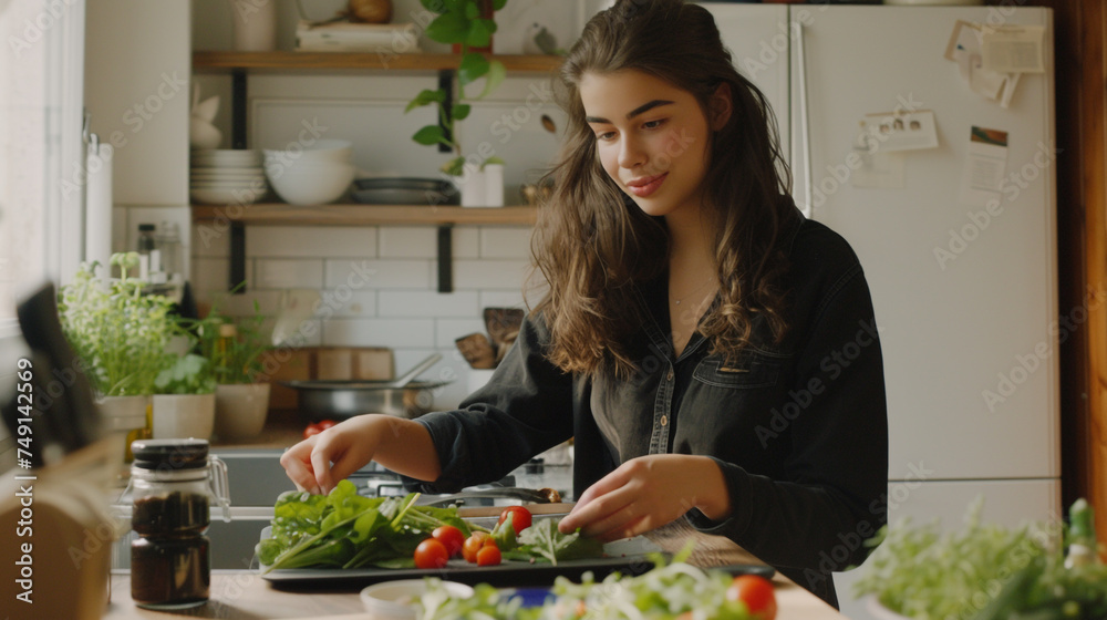 Standing at the kitchen counter, a young woman is seen arranging ingredients for a salad, her movements graceful and efficient