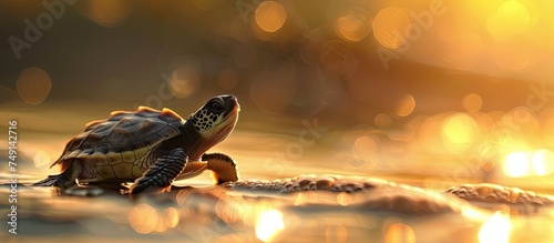 A small turtle is perched on the sandy beach, blending in with its surroundings. The turtle seems to be basking in the warmth of the sun, enjoying its peaceful surroundings. © 2rogan