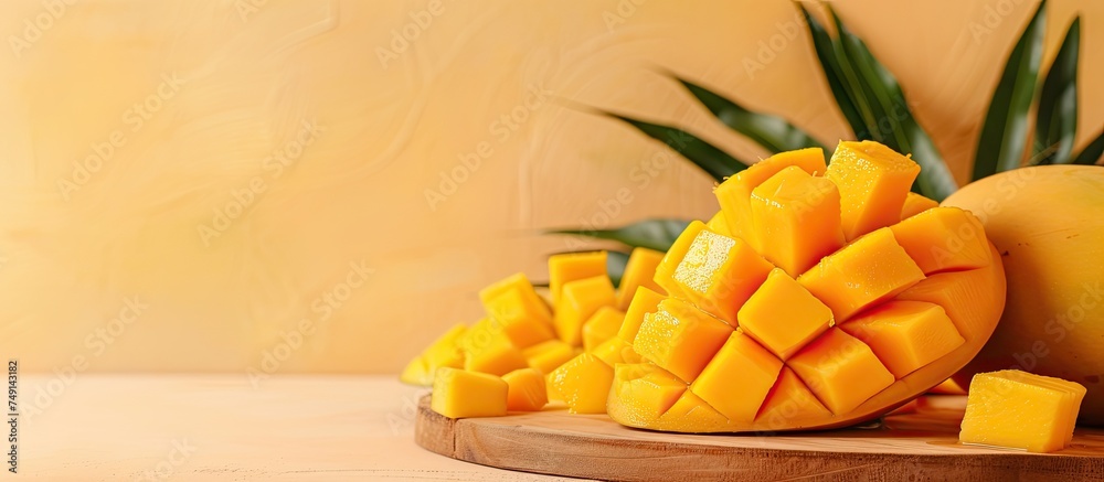 Fresh mango slices arranged neatly on a wooden cutting board, showcasing the vibrant colors and juicy texture of the fruit against a simple beige backdrop.