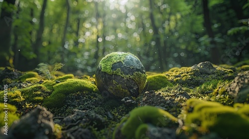 Earth Day - Environment - Green Globe In Forest With Moss 