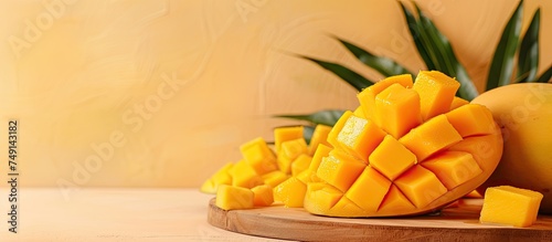 Obraz na płótnie Fresh mango slices arranged neatly on a wooden cutting board, showcasing the vibrant colors and juicy texture of the fruit against a simple beige backdrop. w salonie