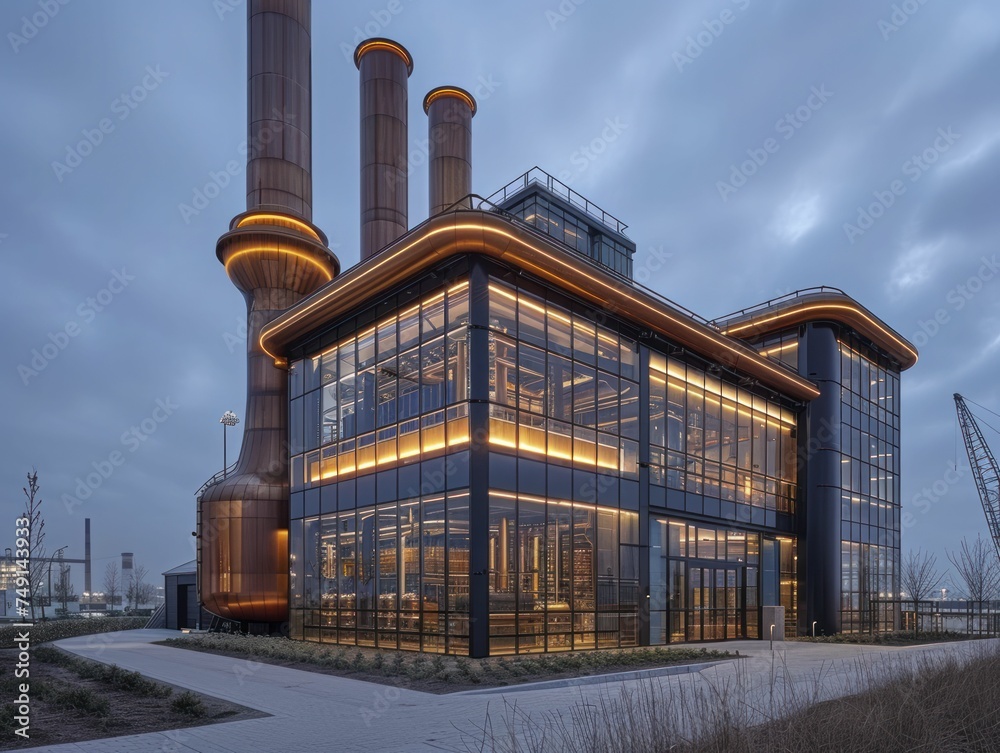 At twilight, floodlit factory exterior casts shadows, creating dramatic light-industrial interplay.