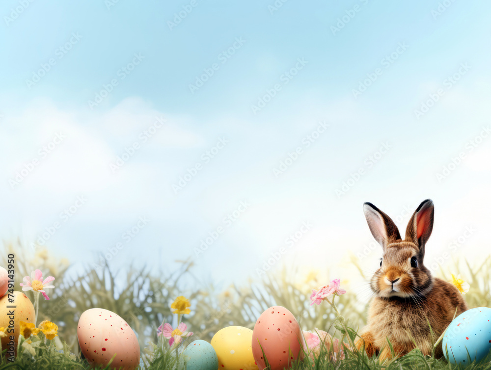 Fototapeta premium Easter banner with copy space, Watercolor Easter bunny and Easter eggs in spring flower meadow.