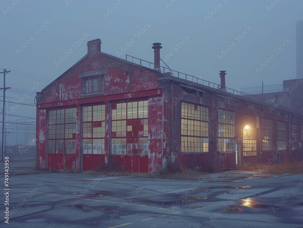 At twilight, floodlit factory exterior casts shadows, revealing dramatic light-industrial interplay.