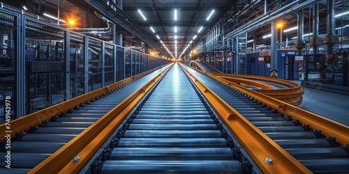 Conveyor belts create a labyrinthine network, transporting materials in a continuous loop, factory floor's lifeline.