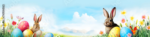 Easter Banner with Realistic Watercolor Easter Bunny and Colorful Eggs in a Meadow