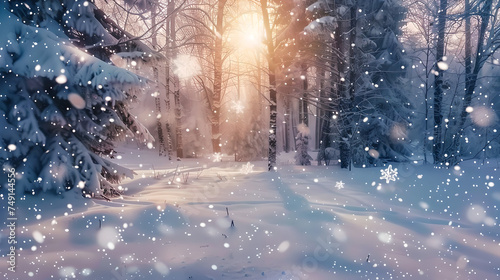 Magical Snowy Pathway with Sunlight Through Winter Trees, Generative AI © Crowcat