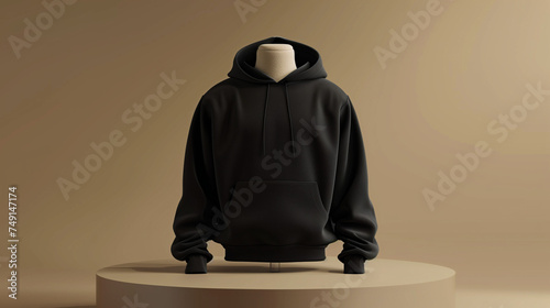 mockup 3d black plain hoodie with mannequin placed on podium, isolated neutral background, Ai generated Images photo