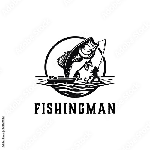 fishing sport logo Illustration with Big fish, Fishing man with big fish