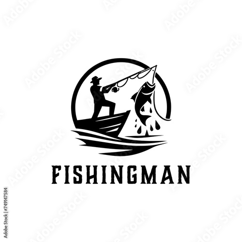 fishing sport logo Illustration with Big fish, Fishing man with big fish