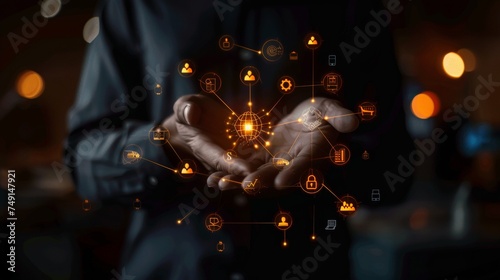 Businessman Presenting a Network of Digital Operations Icons