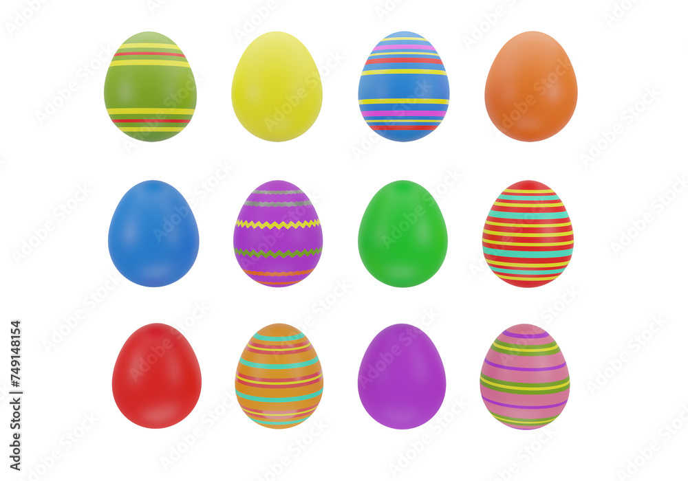 Illustration of twelve easter eggs on a white background. 3D rendering image.