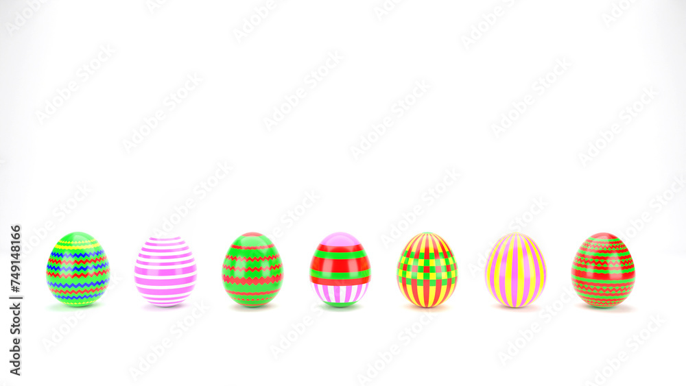 Illustration of seven easter eggs on a white background. 3D rendering image.