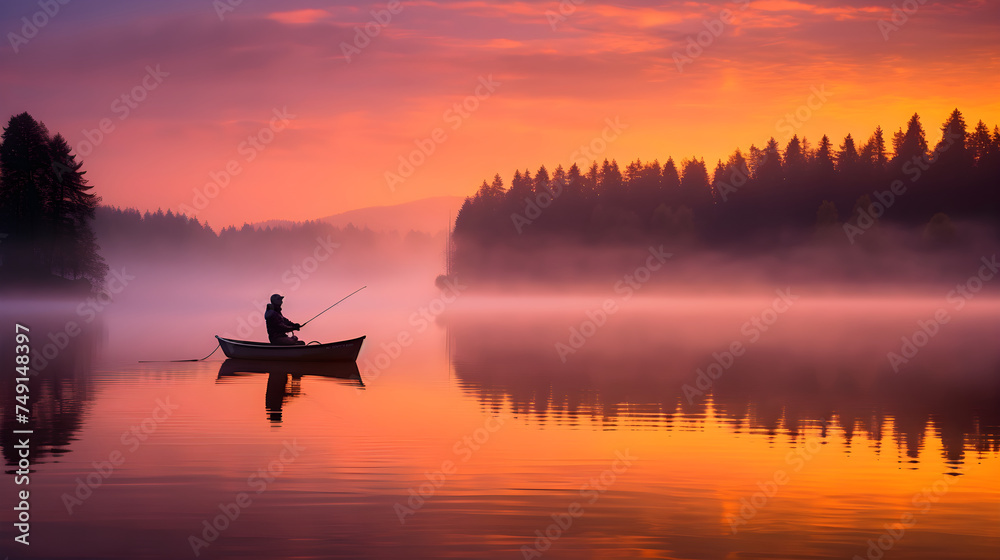 Serene Dawn Fishing: An Angler Relishing Tranquility amidst Nature's Splendor