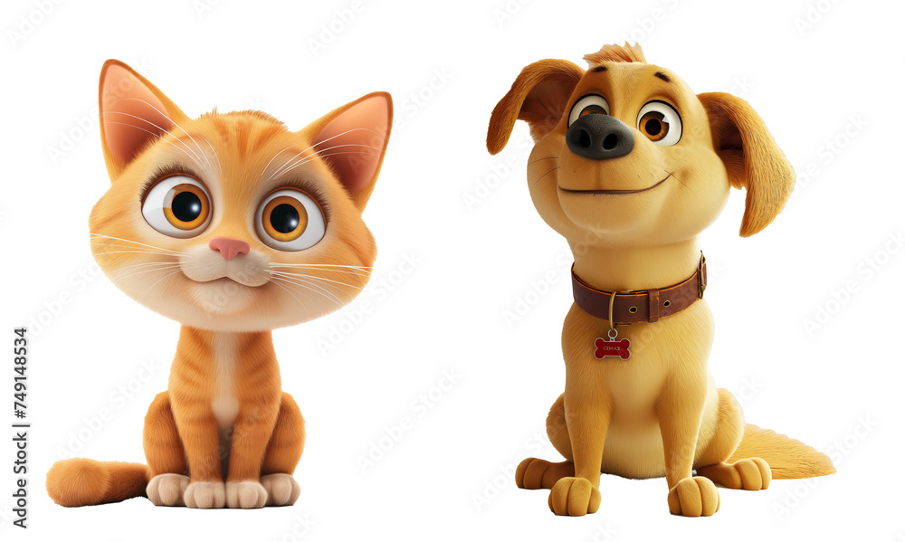 3D rendered orange tabby cat and a golden-brown puppy with a collar, Cute and friendly, both with big expressive eyes 3D rendered orange tabby cat and a golden-brown puppy with a collar, Cute and friendly, both with big expressive eyes