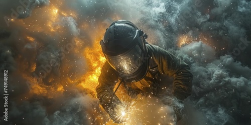 Welders at Work, Sparks fly as welders fuse metal, their protective masks a barrier between them and the intense light, sculpting strength with precision and care photo
