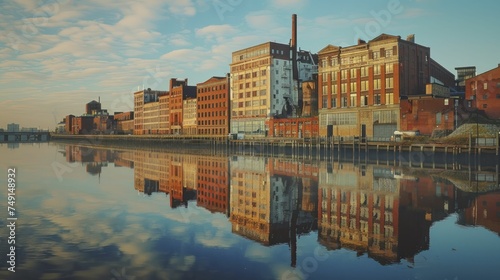 Waterfront workhorses, factories along the river, reflections mirror industrial roots fueling city growth.