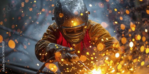 Welders work diligently, sparks fly, masks shield them from light, sculpting metal with precision and care. photo
