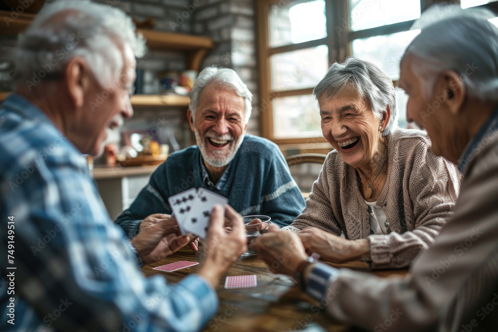 Group of happy senior people laughing while playing cards together at home - obrazy, fototapety, plakaty 
