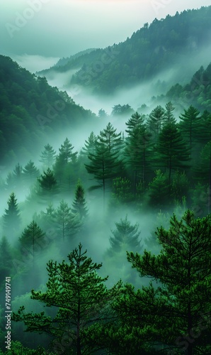 trees foreground misty mountain valley fog green deep forest looking west virginia particulate pine wood synthetic business products supplies body