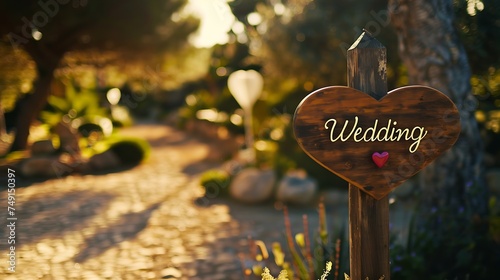 A heart-shaped wooden sign with "Wedding" written on it at the outdoor wedding venue.