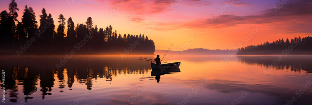 Serene Dawn Fishing: An Angler Relishing Tranquility amidst Nature's Splendor - obrazy, fototapety, plakaty 