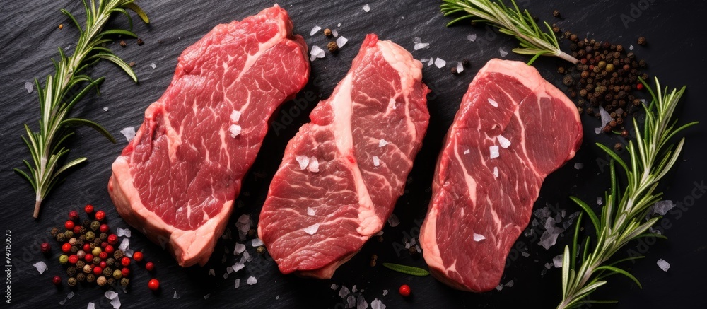 Three raw Black Angus Prime steaks, ideal for grilling and frying, are placed on a wooden cutting board. The steaks are seasoned with olive oil, salt, rosemary, and pepper. The image is captured from