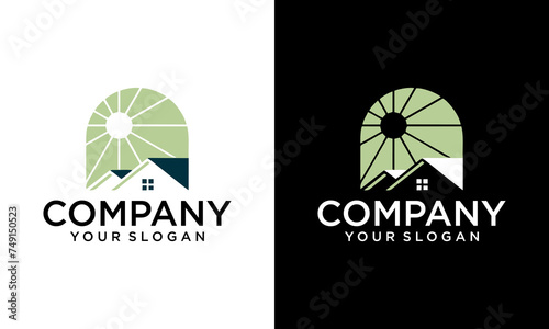 Creative Illustration Colorful sunny house logo vector with home roof and bright sun sunlight icon