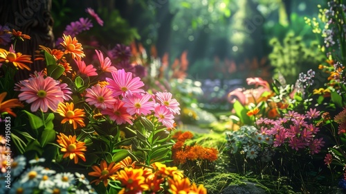 Visualize a vibrant flower garden, bursting with colors and life, inviting serenity and inspiration