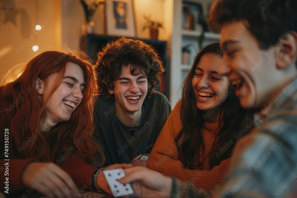 Group of happy young people laughing while playing cards together at home
