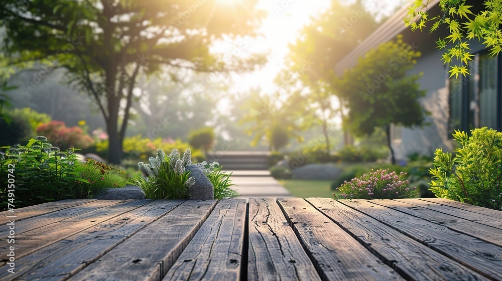 Empty wood table top on blue abstract green from garden and house in morning background. Empty wood table top on blue abstract green from garden and house in morning background.