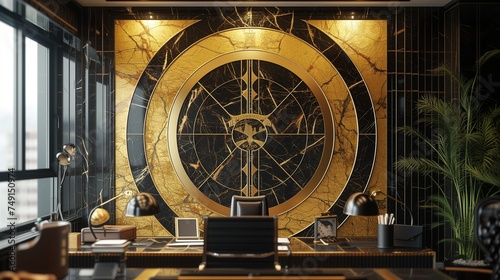 Art Deco office, circular marble mosaic wall art. Background Gatsby-era gold and black. © MuhammadHamza