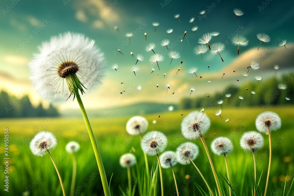 Dandelion seeds blowing in the wind across a fresh green summer field background, conceptual image meaning change, growth, movement and direction.
