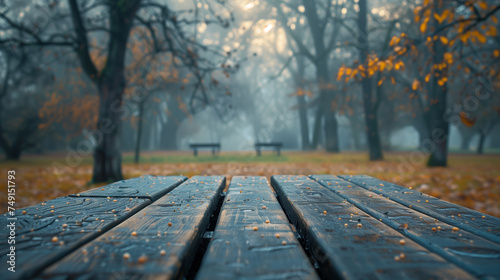 Wooden table on the background of the evening foggy park