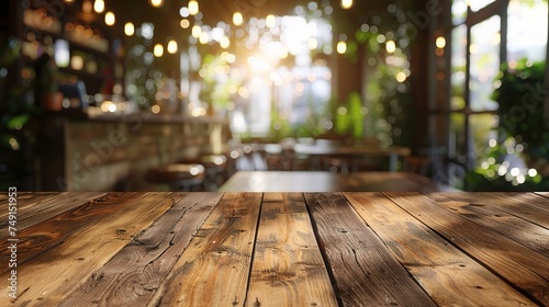 Empty wooden table and blurred cafe background