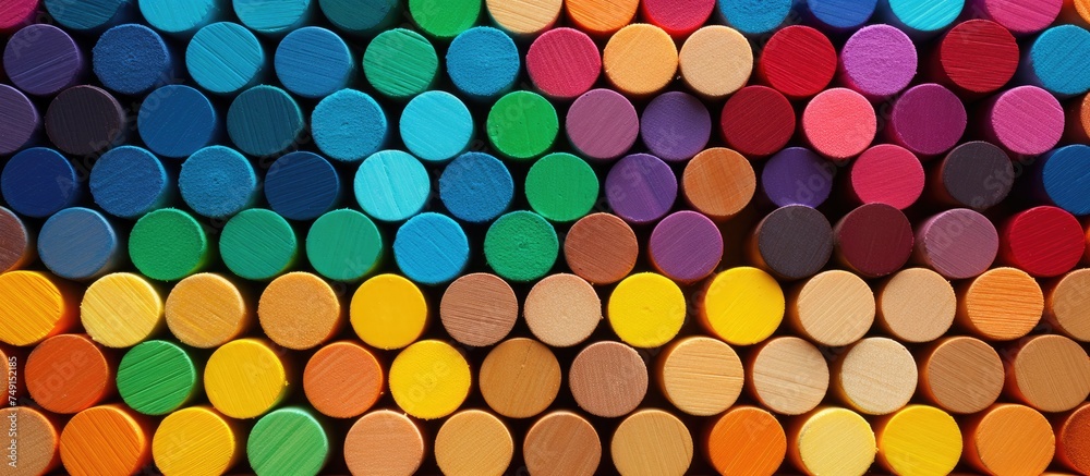 A close-up view of a group of assorted colored pencils neatly arranged in a row. The pencils display a variety of vibrant colors and have rounded tips.