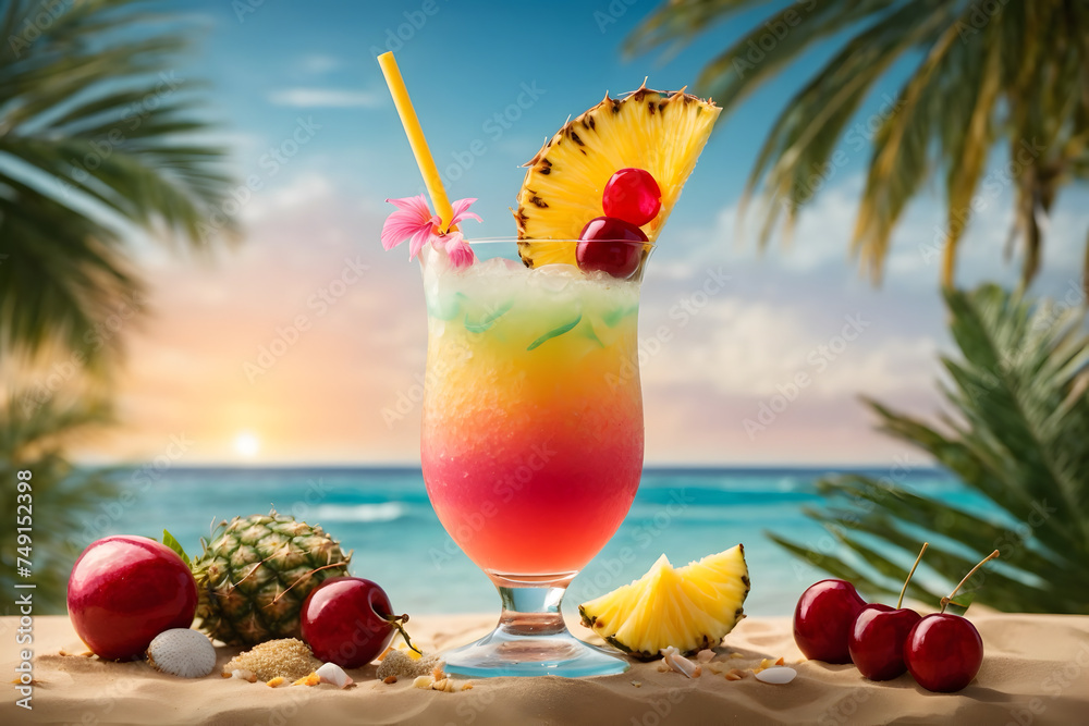 Beach theme cocktail with a blur beach backdrop