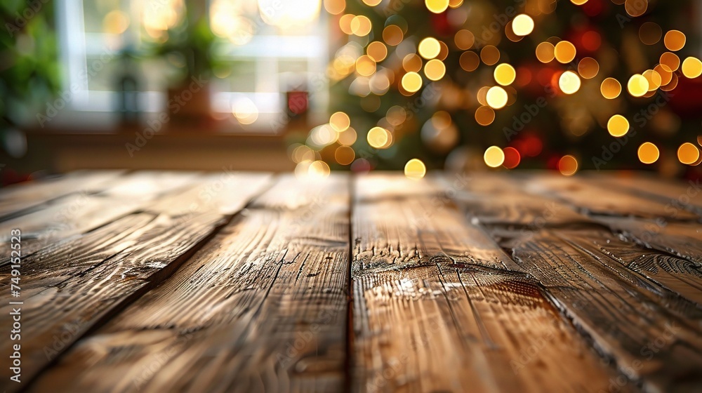Empty wooden table in front of blurred winter holiday background