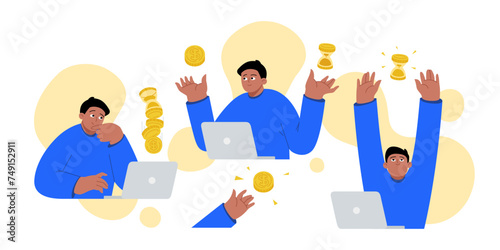  Illustration set of a flat-style man investing the money. Financial vector artwork to passive income. Vector business illustration, men in blue sweaters with laptops.