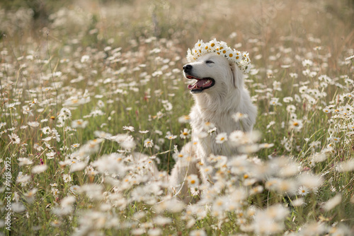 Daisies white dog Maremma Sheepdog in a wreath of daisies sits on a green lawn with wild flowers daisies, walks a pet. Cute photo with a dog in a wreath of daisies. photo