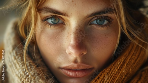 A closeup portrait of a 25yearold woman blending European and American features her gaze piercing through the lens accentuated by the soft texture of her camel colored clothing all in a cinematic comp