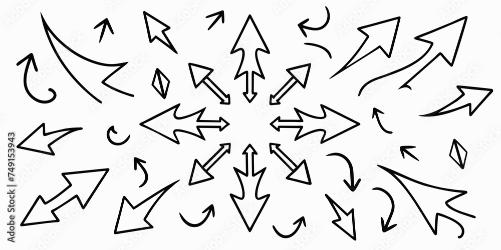 Set of black hand drawn arrows isolated on white. Vector illustration. Arrows, arrow set
Set of black hand drawn arrows isolated on white. Vector illustration. Arrows, arrow set