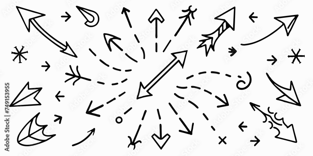 Set of black hand drawn arrows isolated on white. Vector illustration. Arrows, arrow set
