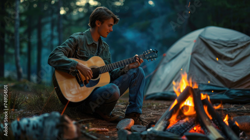 A young man playing guitar by a campfire