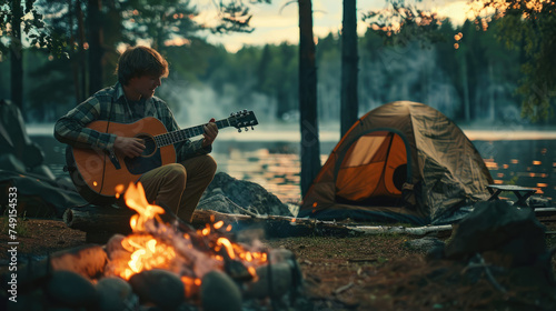 A young man playing guitar by a campfire © wai