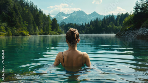 A young woman swimming in a lake